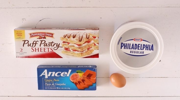 Ingredients for guava pastelitos recipe - gauva paste, egg, cream cheese and puff pastry.