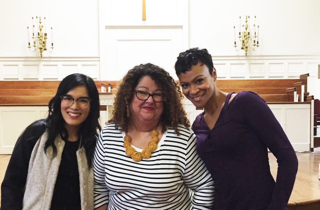 Ali Wong and Carly Hughes with Marta on the set of American Housewife